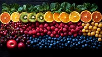 Fresh colorful fruits arranged in rainbow rows including citrus slices, kiwi, raspberries, apples, blueberries and kumquats on dark background for healthy eating concept.