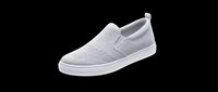 Casual gray slip-on sneaker with knit mesh upper and white sole, isolated on transparent background. Great for fashion clipart, t-shirt design, print on demand, and stickers.