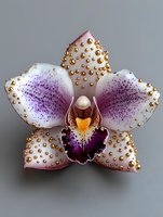 Elegant orchid bloom with white petals adorned with purple speckles and gold beads against gray background, perfect for luxury floral designs.