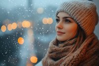 Young woman in knit beanie and scarf gazing thoughtfully during snowfall with blurred bokeh lights creating magical winter atmosphere in background.