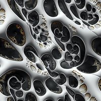 Abstract metallic structure with organic cellular patterns in silver and black, featuring intricate swirls and perforated surfaces with rust-like textural elements.