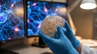 Medical professional in blue gloves examining human brain model with neural network display on monitor background for neuroscience research and education.