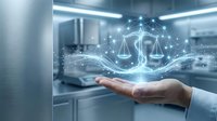 Lawyer holding digital scales of justice with network connections in modern office environment for legal services and law firm concepts.
