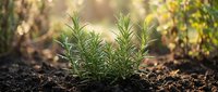 Fresh rosemary herbs growing in rich dark soil with warm sunlight filtering through garden background for culinary and cooking applications.