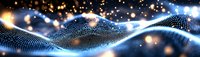 Futuristic digital wave of glowing particles flowing on dark background with light effects and bokeh, representing technology and data visualization.