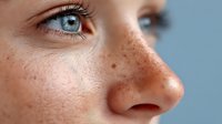 Close-up of young Caucasian woman with freckles and blue eyes against light blue background, showcasing natural beauty and skin texture.