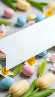 Blank white card with colorful Easter eggs, spring tulips and daisies on marble background. Holiday greeting card mockup for seasonal celebrations and messages.
