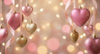 Pink and gold glittery heart ornaments hanging with ribbons against warm bokeh lights background for Valentine's Day, Christmas, wedding celebrations.