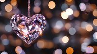 Crystal heart pendant sparkling against blurred bokeh lights background in warm golden and purple tones, creating romantic festive atmosphere.