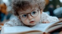 Senior toddler with curly auburn hair and round eyeglasses reading an open book indoors, suitable for education and childhood development content.