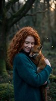 Young redhead woman with curly hair holding red fox in forest setting wearing teal sweater during golden hour light for nature and wildlife photography.