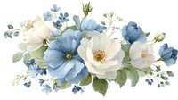 Elegant floral composition with white and blue anemones, delicate buds, and green foliage arranged in a romantic bouquet for wedding invitations or home decor.