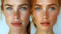 Young woman with natural freckles and bright blue eyes shown before and after photo retouching, demonstrating beauty standards and skin editing in modern photography.