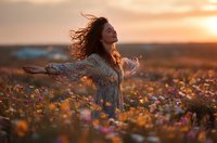 Young woman with flowing hair dancing freely in wildflower field at golden hour sunset, arms outstretched expressing joy and freedom in nature landscape.