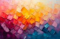 Abstract palette knife painting with vibrant gradient from warm red and yellow to cool turquoise tones, textured squares creating dynamic modern wall art composition.