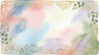 Watercolor background with soft pastel colors, gold ornamental borders, and botanical leaf elements, suitable for wedding invitations, greeting cards, and design projects.