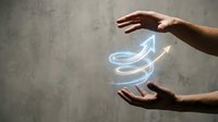Human hands protecting glowing spiral arrow symbolizing growth, progress and business development concept for corporate strategy and innovation.