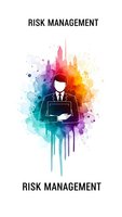 Risk management concept with businessman silhouette holding laptop against colorful watercolor splash background for corporate presentations.