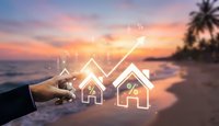 Businessman hand pointing at glowing house icons with rising arrow and percent signs, real estate investment and mortgage rate growth concept.