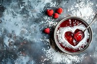 Fresh raspberries and powdered sugar dusted over red berry sauce in metal bowl forming heart shape on dark textured background with copy space.