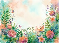 Watercolor floral frame with tropical flowers, green leaves, butterflies, and gold accents on soft pastel background with copy space.