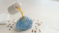 Liquid pouring onto blue brain with coffee beans scattered around on white surface, representing knowledge, learning, and cognitive enhancement for educational and business concepts.