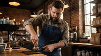Focused male barista with beard wearing denim apron tamping espresso in a rustic brick-wall coffee shop interior.