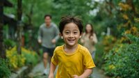 Happy Asian boy child smiling in yellow shirt outdoors with blurred parents walking on nature path. Family lifestyle and childhood joy concept.