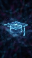 Glowing neon wireframe graduation cap with digital particles floating in dark space, representing online education, e-learning, and academic achievement for web and digital design.