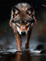 Intense close-up portrait of wild wolf with piercing blue eyes walking through water in winter, with snow falling and dark atmospheric background creating dramatic mood.