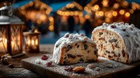 Traditional Christmas stollen cake sliced on wooden board with powdered sugar, festive lantern and warm bokeh lights creating cozy holiday atmosphere.