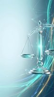 Futuristic glass scales of justice with glowing turquoise light effects and geometric network patterns for legal technology and digital law concepts.