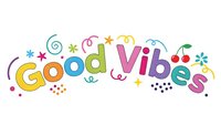 Good Vibes colorful lettering with decorative swirls and stars on white background. Positive motivation quote for wellness and mindfulness designs.