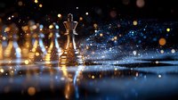 Chess king piece standing on reflective surface with magical bokeh lights and sparkles in dark blue atmosphere, creating dramatic strategic game concept.