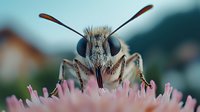Macro photography of wild bee collecting nectar from pink flower, detailed view of head, compound eyes, antennae and proboscis against blurred background.