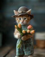 Adorable ginger kitten in vintage-style overalls and hat holding spring tulips bouquet, perfect for greeting cards, social media, and seasonal marketing campaigns.