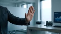 Male professional in dark business suit making stop gesture with open palm in modern office environment with desk and computer monitors.