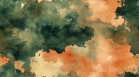 Dramatic watercolor background in deep forest green and coral orange tones with abstract cloudy texture creates moody atmospheric effect for creative projects.