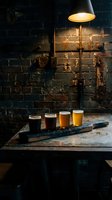 Beer flight tasting set with four glasses displaying different craft brews from light to dark, arranged on rustic wooden paddle under warm overhead lamp against weathered brick wall.