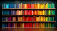 Colorful books arranged by spectrum colors on wooden shelves creating rainbow pattern. Library organization concept for interior design and education backgrounds.