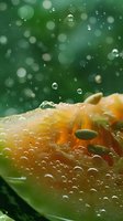 Fresh sliced melon with water droplets and seeds against blurred green background, creating refreshing summer food concept.