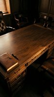 Elegant wooden desk with leather chair in dark office interior, warm lighting illuminating rich wood grain and traditional furniture design for executive workspace.