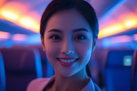 Young Asian woman smiling warmly in vibrant neon lighting with blue and pink glow, professional portrait with soft focus and cinematic atmosphere.
