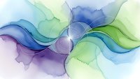 Flowing watercolor waves in blue, green and purple hues create an abstract artistic background with soft translucent layers and organic movement.