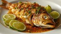 Grilled whole fish with herbs and lime slices on white plate. Fresh seafood dinner with citrus garnish and sauce for restaurant menu or cooking blog.