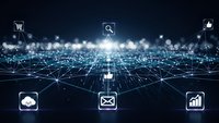 Digital network grid with glowing connections and technology icons representing cloud computing, data analytics, and cybersecurity solutions.