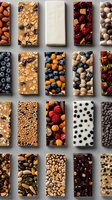 Artisanal chocolate bars with various toppings including fresh berries, nuts, and dried fruits arranged in neat rows on gray background. Perfect for food marketing.