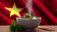 Hot steaming bowl of traditional Vietnamese pho soup with fresh herbs, chopsticks and national flag background, authentic Asian cuisine presentation.
