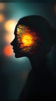 Female silhouette profile against sunset with double exposure effect showing bare tree branches inside head shape, dramatic lighting creates mystical mood.