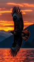 Majestic eagle soaring against dramatic orange sunset sky over mountain landscape and reflective water, wings spread wide in powerful flight silhouette.